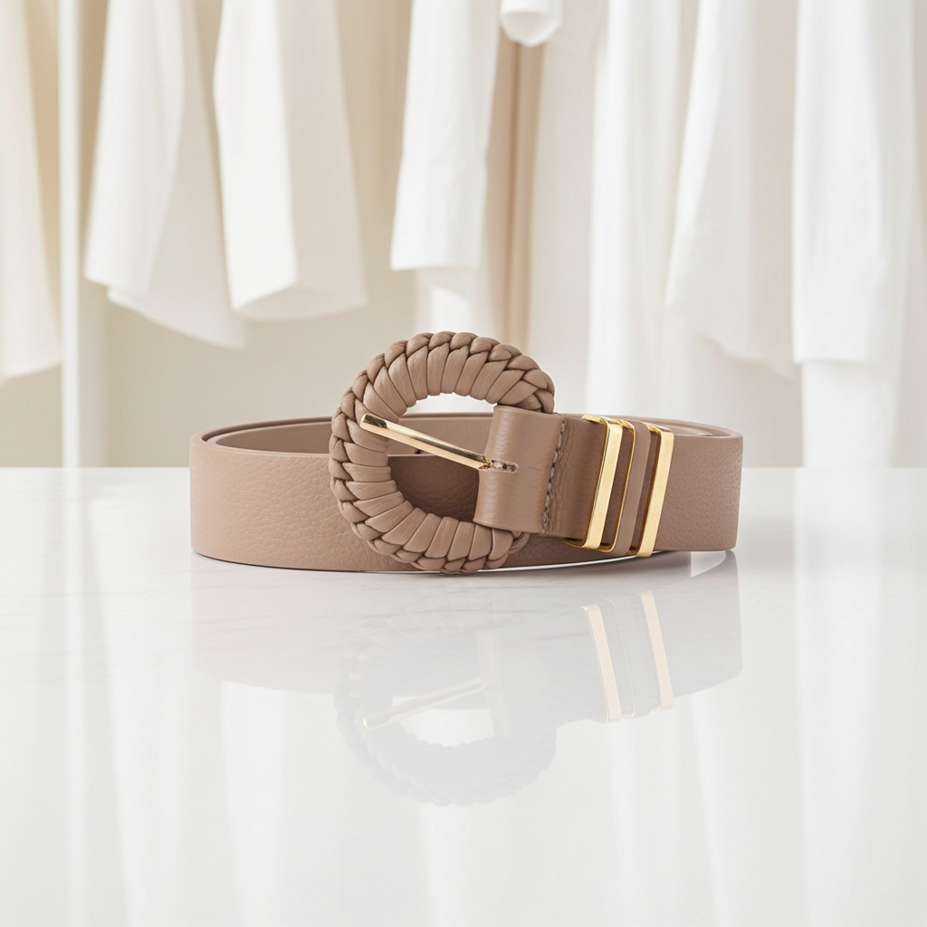 Cinto Feminino de Couro com Fivela Tressê Redonda Bege